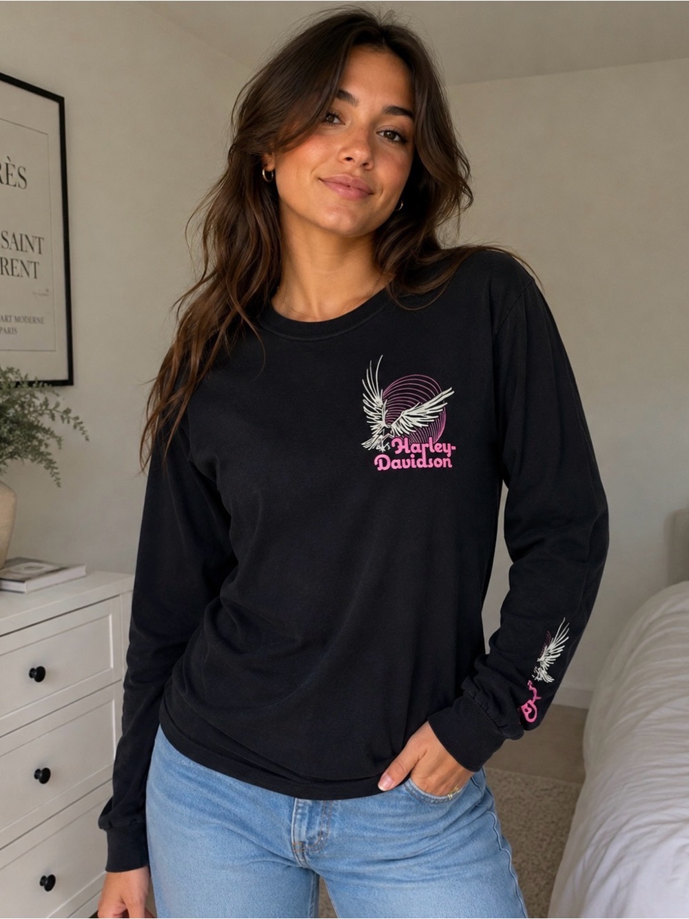 Harley-Davidson Women’s or Kids Black Long-Sleeve Tee with Pink & White Logo